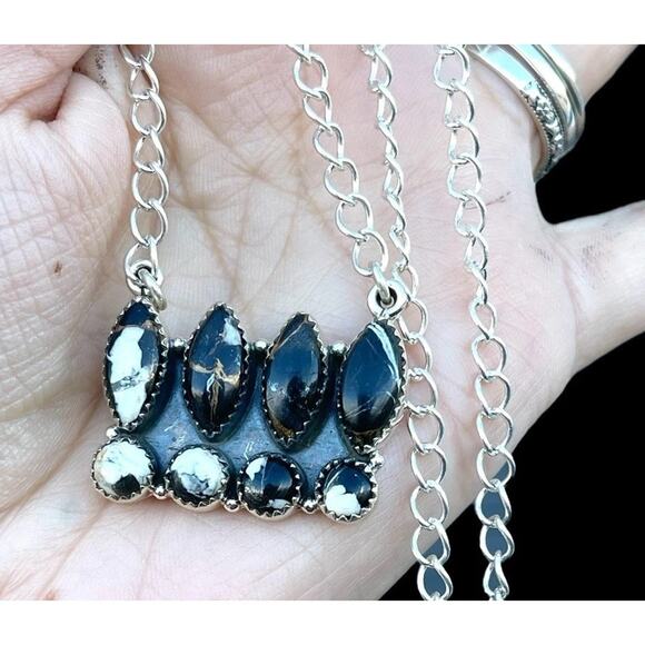 White Buffalo Turquoise Sterling Silver Cluster Necklace Southwestern - Picture 3 of 11